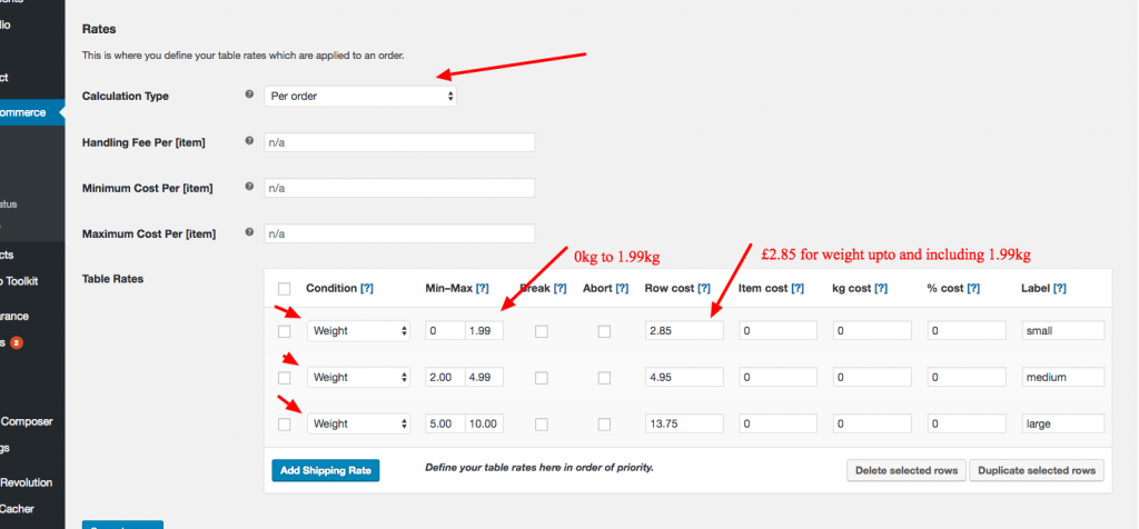 woocommerce table rate shipping weight example